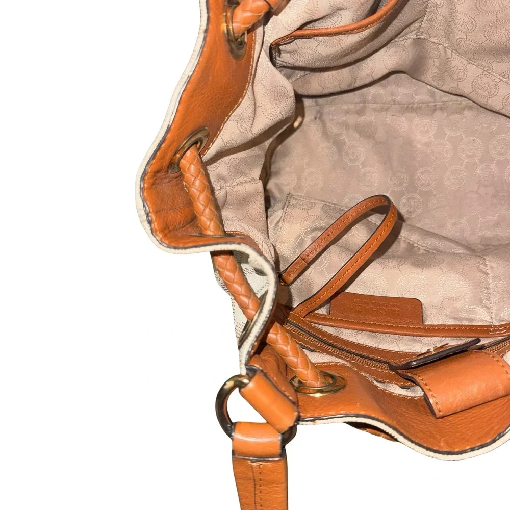 Michael Kors Cream Monogram Drawstring Shoulder Bag with Brown Trim